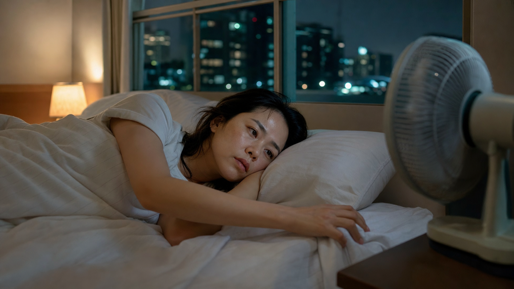 열대야에 잠 못 들고 뒤척이는 사람 — 부산 경희미르애한의원 여름 불면 한방 관리
