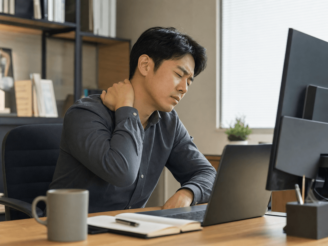 거북목으로 목과 어깨가 뻐근한 직장인 — 부산 경희미르애한의원 거북목 일자목 한방 관리
