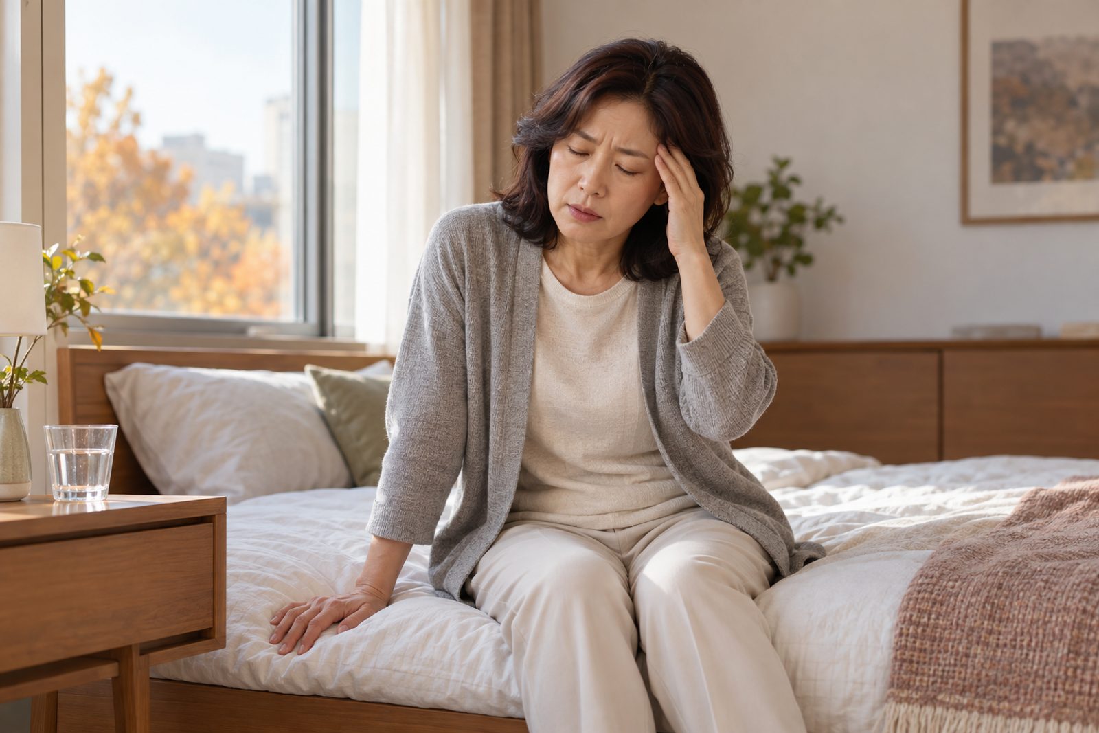 가을 아침 밝은 아파트 침실에서 침대 가장자리에 앉아 한 손으로 매트리스를 짚고 다른 손을 관자놀이에 댄 채 눈을 반쯤 감고 있는 50대 초반 여성 - 경희미르애한의원 남포점 전정신경염